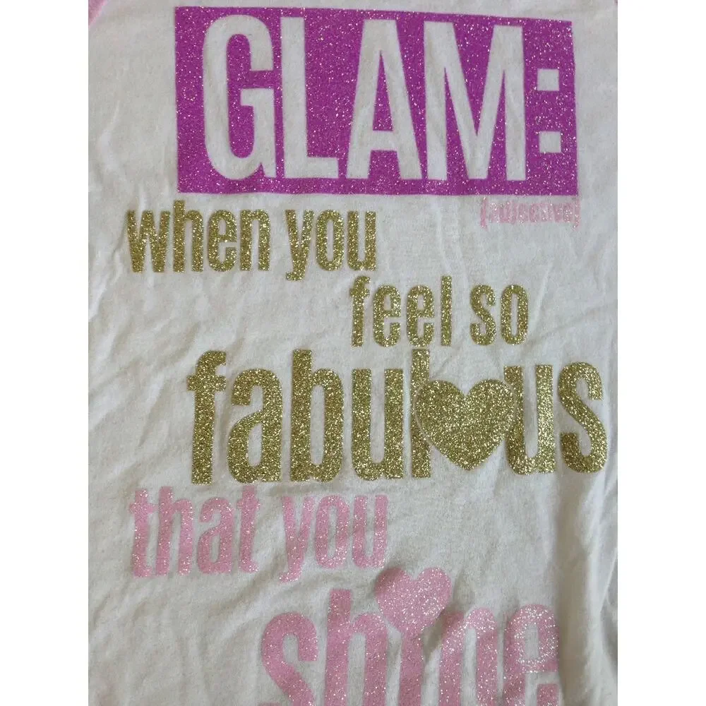 Justice Sparkle GLAM Fabulous SHINE Funky Graphic Girls Pink Gold T-Shirt 12